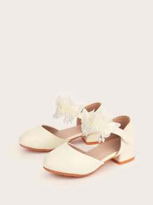 1 双女童幼儿蝴蝶结 PU 皮革高跟鞋圆头舒适防滑鞋，白色和粉色，优雅时尚百搭，表演/派对鞋，适合春季、夏季、秋季