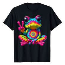 Cute Frog Tie-Dye Frog Peace Sign Hippie T-Shirt Women's Plus Size Graphic Tee - màu đen - Xem 1