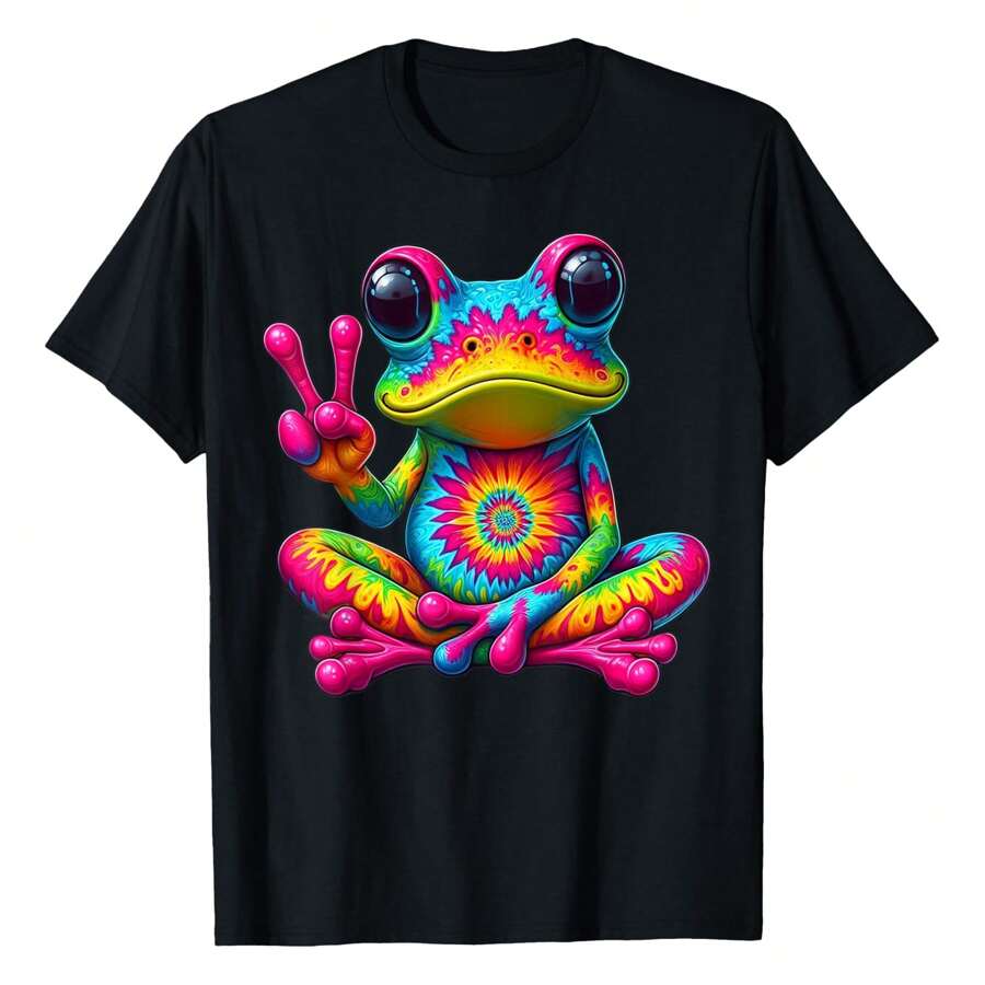 Cute Frog Tie-Dye Frog Peace Sign Hippie T-Shirt Women's Plus Size Graphic Tee - màu đen - Xem 1