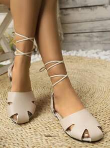 New Lace-Up Fashion Casual Solid Color Comfortable Simple Versatile Women Flat Sandals - Rice - View 5