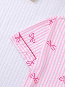 2-delige set jonge meisjes korte mouw top & shorts pyjama voor de zomer, lichtgewicht stijl met streep & strik print patroon, casual nachtkleding huiskleding