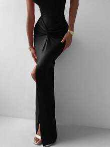 Women 2Pcs Elegant Red Fitted High Stretch Valentine's Day Short Sleeve Bodysuit With Ruffle Elastic Waist Long Skirt, Suitable For Spring/Summer Dating Black - Black - View 7