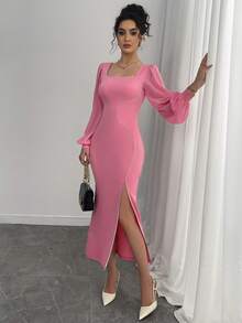 Casual Women's Mid-East Solid Color Woven Ribbon Square Neck Slit Dress