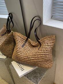 1 Pc New And Casual Summer Vacation Style With A Large Capacity Foldable Solid Color Woven Tote Bag For Women's Beach Bags Suitable For Outdoor Leisure Vacation&Seaside Travel&Tourism And Shopping - Khaki - View 8