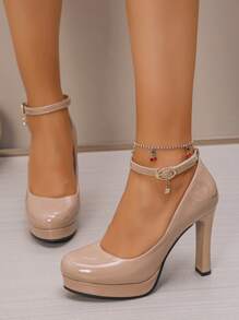 New High Heel Platform Low Vamp Commuter Pumps, Round Toe Comfortable Thick Heel Strap Buckle Plus Size Women High Heels - Beige - View 5