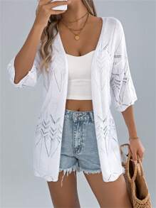 女士夏季新款镂空短袖针织开衫，度假沙滩轻薄外套 白色 - 白色 - 查看 5