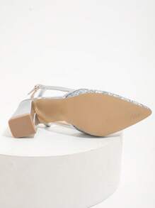 Pointy Toe Silver Sexy Single Buckle Strap Chunky High Heel Slip-On Backless Pumps, Versatile New Style - Silver - View 7