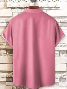 Plus Size Men's Hawaiian Striped Flamingo Beer Print Button Down Pocket Short Sleeve Aloha Shirt - Pink - View 3