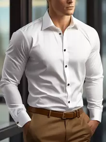 Men's Solid Color Long Sleeve Single-Breasted Casual Formal Shirt - White - View 2