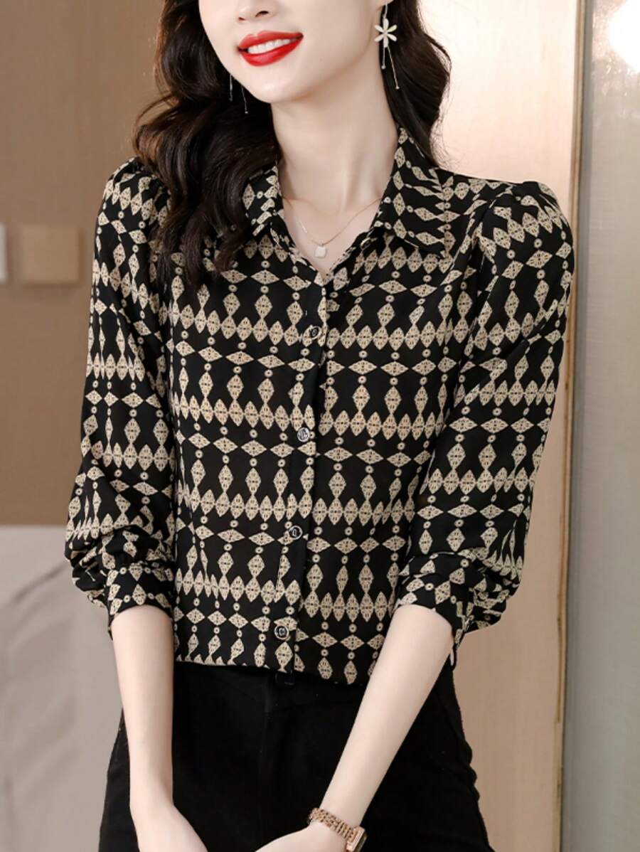 YUXIN 女士春夏复古几何印花衬衫，翻领长袖，日常通勤/轻度社交场合，透气修身时尚休闲上衣，黑色