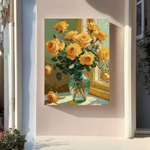 1 pièce ensemble de peinture à l'huile DIY par numéros, 40x50cm/16" X 20", Roses dans un vase près de l'appui de fenêtre, convient pour la décoration de la maison, du bureau, de la chambre à coucher, du salon