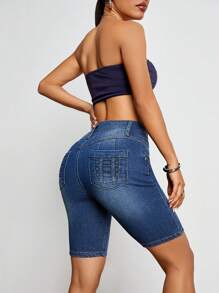 Calça Capri Denim Casual Feminina de Cintura Elástica com Bolsos, Adequada para Uso Diário