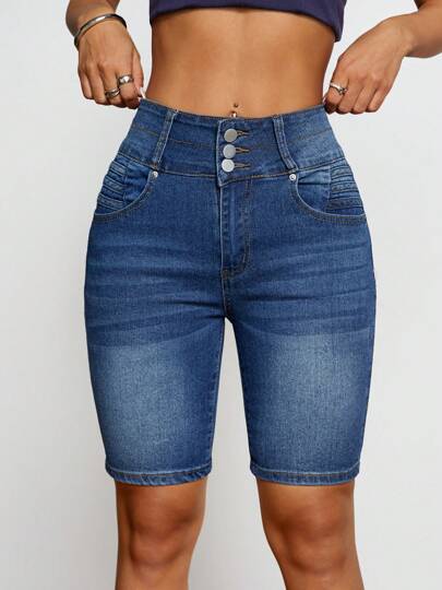 Women's Casual High Stretch Denim Bermuda Shorts With Button And Pocket Details