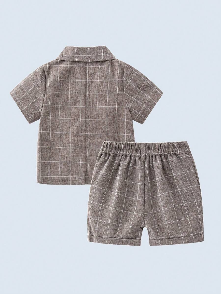 BOARNSEORL 2pcs Young Boys Gentleman Outfit - Plaid Short Sleeve Suit With Bowknot And Shorts, Fashionable & For Birthday Party, Formal Event, Wedding - Khaki - View 1
