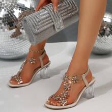 Sandalias de tacón ancho con abertura de punta con rhinestones para mujer, de moda y cómodas