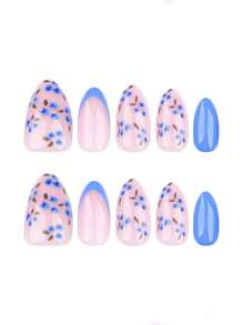 24pcs French Almond Press Nails, Spring Purple Flower Design Fully Covered Fake Nails, Reusable, Enhance Your Elegant Suitable For Female Girls Daily/Spring Outing/Date Use - Includes Nail File And Jelly Glue