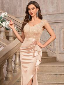 MIUSOL 深V领撞色亮片蕾丝荷叶边鱼尾缎面晚礼服，婚礼宾客礼服，正式礼服，长袍 - 香檳色 - 查看 10