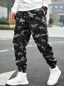 1 件男士迷彩印花工装裤，街头休闲锥形修身多口袋设计踝长裤，春秋季 - 灰色 - 查看 5