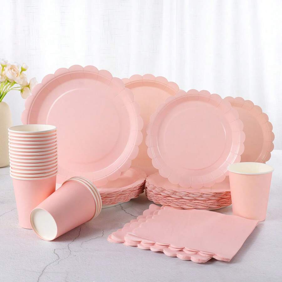 1 套 24 件淡粉色花卉一次性盘子、餐巾和杯子，适用于派对、生日、婚礼、野餐 - 淺粉色 - 查看 1