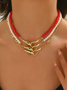 1pc Elegant Minimalist Beaded Metal Snake Head Necklace - Snake - View 2