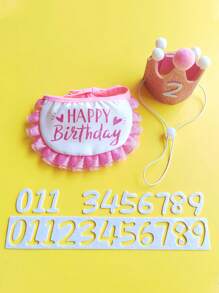 3pcs/Set Cartoon Pet Birthday Accessory Set - Party Holiday Woven Pet Decorations Include Crown, Drool Bib And Number Sticker, Suitable For Small To Medium Cats And Dogs, Year-Round Use - No Battery Required - Multicolor - View 16