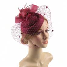Pillbox Hat - 20s/50s Retro Fascinators Women Tea Hat With Feather Veil Net Headband - Burgundy - View 1