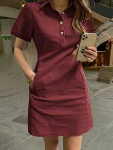 Spring And Summer New Style Fashionable Simple Elegant Lapel Single-Breasted Slimming Short Dress For Women - Red Violet - View 7