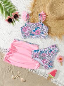 Set de 3 piezas de traje de baño floral para niñas para nadar, actividades al aire libre y ocio - Rosa vieja - Ver 1