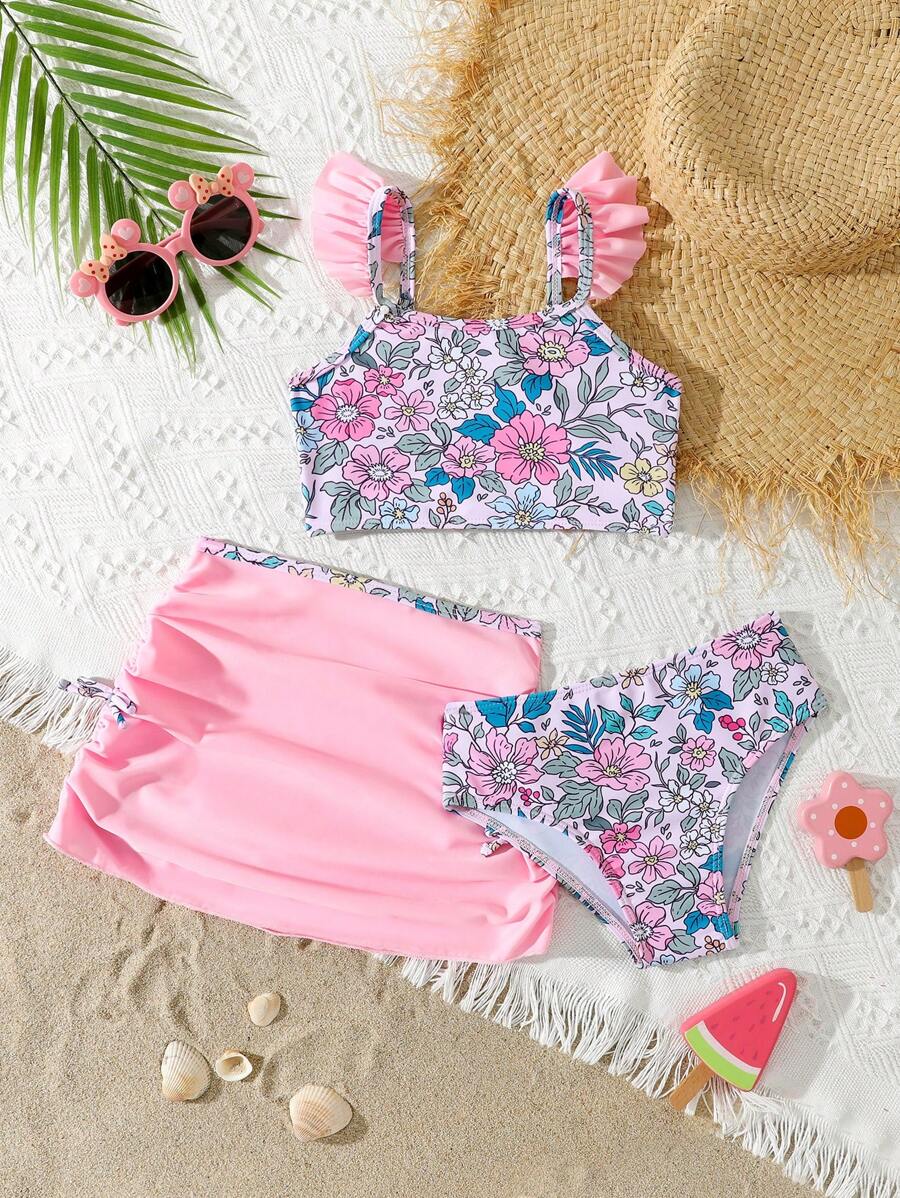 Set de 3 piezas de traje de baño floral para niñas para nadar, actividades al aire libre y ocio - Rosa vieja - Ver 1