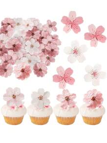 60pcs-Cherry Blossoms Cupcake Toppers Cherry Blossoms Flowers Cake Decorations Wafer Paper Flowers Cupcake Topper For Baby Shower Wedding Birthday Party Decorations Supplies Colorful, Spring Theme Party - Multicolor - View 7