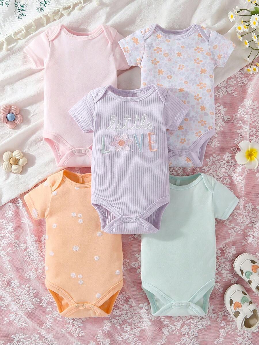 Conjunto de 5 peças de macacão rosa de manga curta para bebê recém-nascido