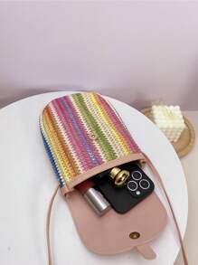 1pc Pink Diagonal Sling Bag, Bohemian Style Multicolor Rainbow Woven Crafted Phone Pouch, Mini Shoulder Bag Coin Purse, Suitable For Women/Girls, Spring/Summer, Casual, Student, Outdoor, Beach, Gift