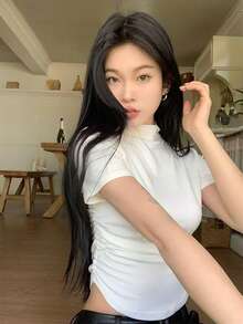 女士夏季纯色立领短袖休闲T恤 白色 - 白色 - 查看 2