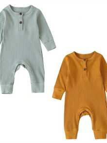 Newborn Baby Boy Girl Knitted Rib Romper Infant One Piece Jumpsuit Cotton Solid Long Sleeve  Bodysuit Basic Coming Home Outfits - Light Green+Yellow - View 1