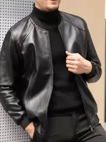 Men's PU Leather Jacket Slim Fit Casual Motorcycle Biker Jacket - Black - View 1