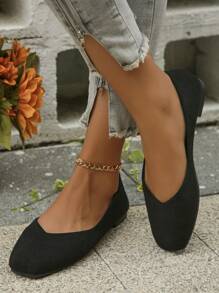 Export Size 35-43 Fashionable Square Toe Women Flat Shoes, Lightweight & Comfortable Black Suede Casual Outdoor Flat Shoes For Women, Spring/Summer - Black - View 4