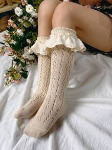 1 Pair Girls Breathable Mesh Mid-Calf Socks With Lace Trim, Lightweight Spring - Khaki - View 3