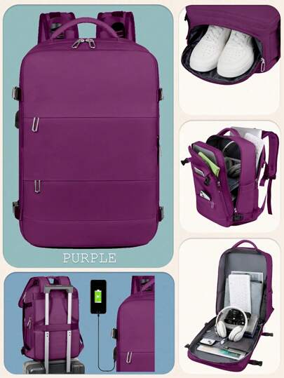 1 Pc Large Capacity Lightweight Portable Travel Backpack For Women Work Bag Carry On Hand Luggage,With Luggage Strap Design.Preppy School Backpack With Shoes Compartment.Water Resistant Business Large Day Pack Weekender Bag,With TSA Friendly Functional And USB Charging Port.Airline Approved Slim Laptop Backpack,College Bag Computer Bag,Gifts For Women,For Outings,Large Capacity, ,Lightweight And Waterproof