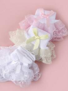 3 双女童棉质蕾丝蝴蝶结短袜 - 白色 - 查看 3