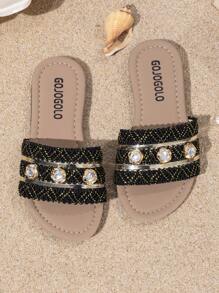 A Pair Of Children's Slippers Summer New Style, Rhinestone Decoration, Children Wear Slippers, Summer Little Girls Soft Sole Fashion Sandals, Casual Girls Princess Shoes, Non-Slip Beach Shoes, Suitable For Indoor And Outdoor, Baby - Black - View 5