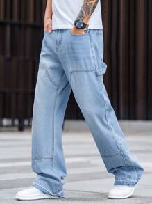 Patchwork Distressed Jeans, Washed Relaxed Fit Cotton Jeans, Fashion Versatile Wide Leg Jeans, Suitable For Couple Matching Gift - Blue - View 1