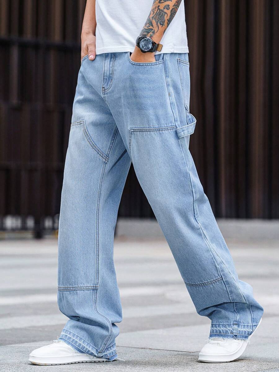 Patchwork Distressed Jeans, Washed Relaxed Fit Cotton Jeans, Fashion Versatile Wide Leg Jeans, Suitable For Couple Matching Gift - Blue - View 1