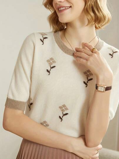 春夏新款提花刺绣短袖套头衫女士薄款针织圆领上衣