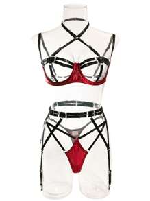 性感情趣内衣吊带镂空豹纹露胸性感内衣套装，女士情人节礼物：性感写真 - 紅色 - 查看 6