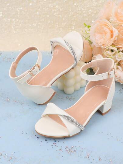 Unga flickor Mode vit formell klänning med ankelrem Prinsessandaler, Lämplig för bröllop, fest, Flower Girl, Öppen tå, Chunky Heel, Lättvikts bekväma högklackade sandaler för småbarn, små, stora barn