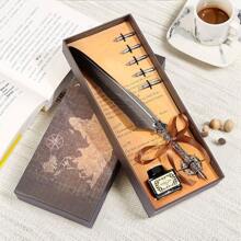 1pc Retro Crown Feather Pen With Ink Pen Gift Box, Dip-In-Ink Usable, Suitable For Wedding Signature Or Back To School Souvenir