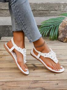 Sandalias playeras planas blancas talla grande para mujer, nuevas sandalias informales tipo slides con adorno de flor bohemia y pedrería en el dedo del pie abierto para mujer - Blanco - Ver 4