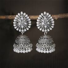 1 Pair Vintage Waterdrop Shaped Pearl & Rhinestone Tassel Alloy Bell Earrings For Women
