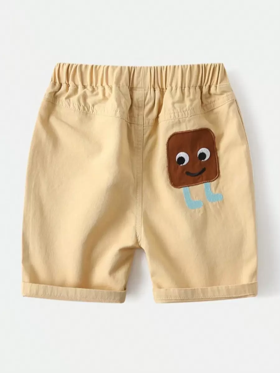 男童卡通图案松紧腰宽松休闲短裤 - 卡其色 - 查看 1