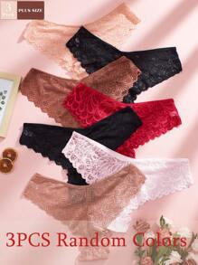 3pcs Random Color Plus Size Women Sexy Lace Mid-Waist Breathable Underwear